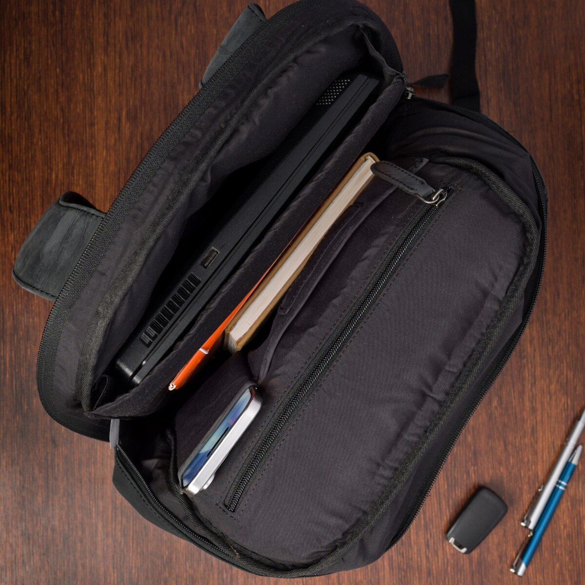 Rucsac din piele pentru laptop 15.6", negru, cu 2 compartimente, pentru documente A4, unisex