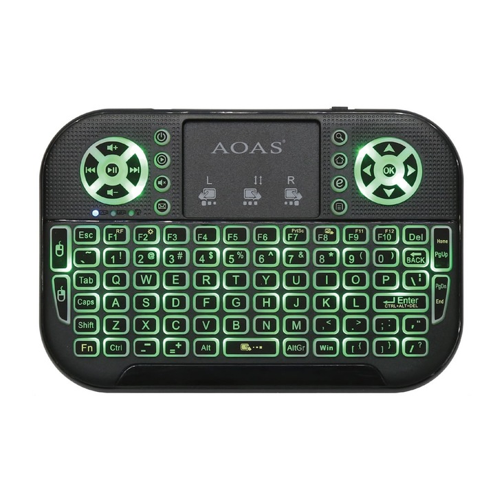 Мини клавиатура и мишка AOAS C-1001, Безжична, Mишка, Tъчпад, с подсветка, Черна