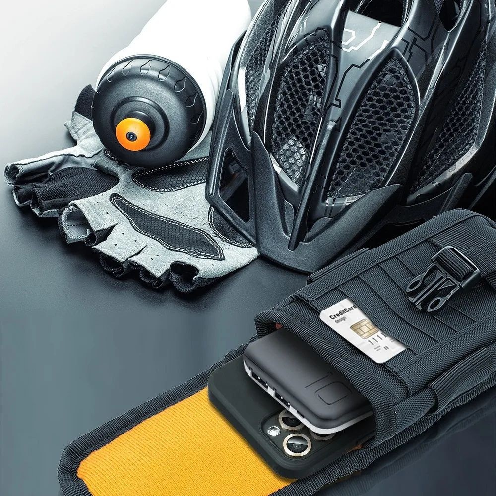 Toc/Geanta universal, prinderea curea sau ghiozdan, inchidere clema, 2 buzunare pentru telefon(18 × 8.5 × 2 cm and 14.5 × 7.5 × 1.2 cm), loc pentru carduri, captusit, rezistent la socuri, Negru