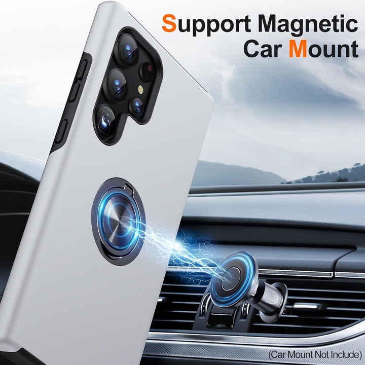 Husa de protectie pentru Samsung Galaxy S25 Ultra, Hybrid Antisoc, Kickstand, Bumper inel rotativ 360, Silver