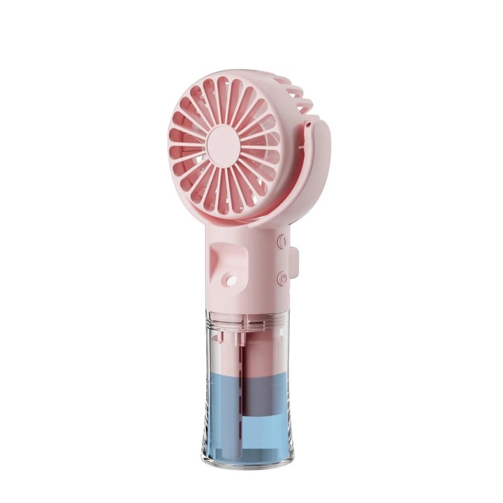 Ventilator portabil cu spray, 4 viteze, 55ml, rotativ 360°, roz