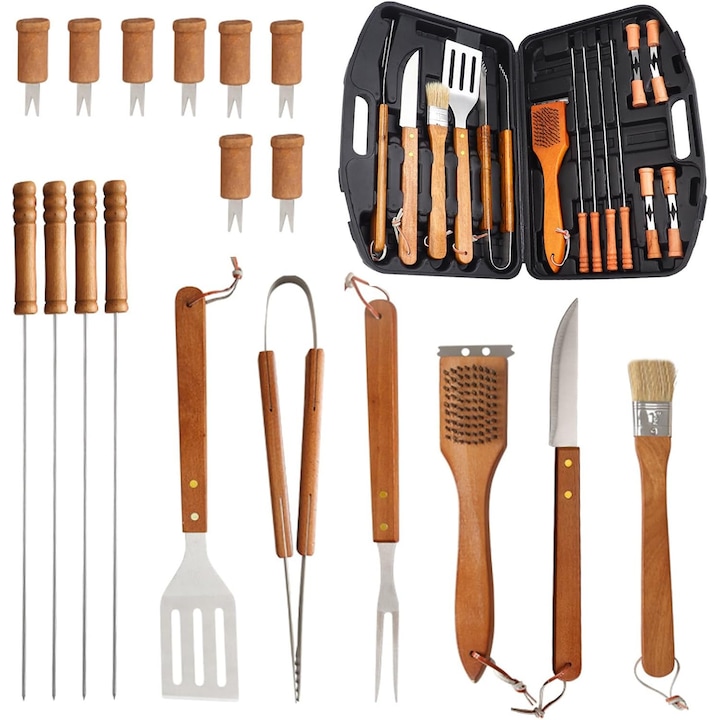 Set ustensile grătar 18 piese inox, mâner lemn, cutie plastic durabilă