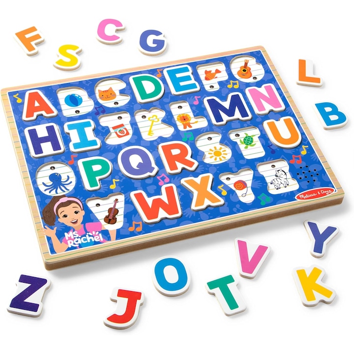 Образователен дървен пъзел с букви, 24 части, светлинно активиращи се звукови ефекти, за деца 2-6 години