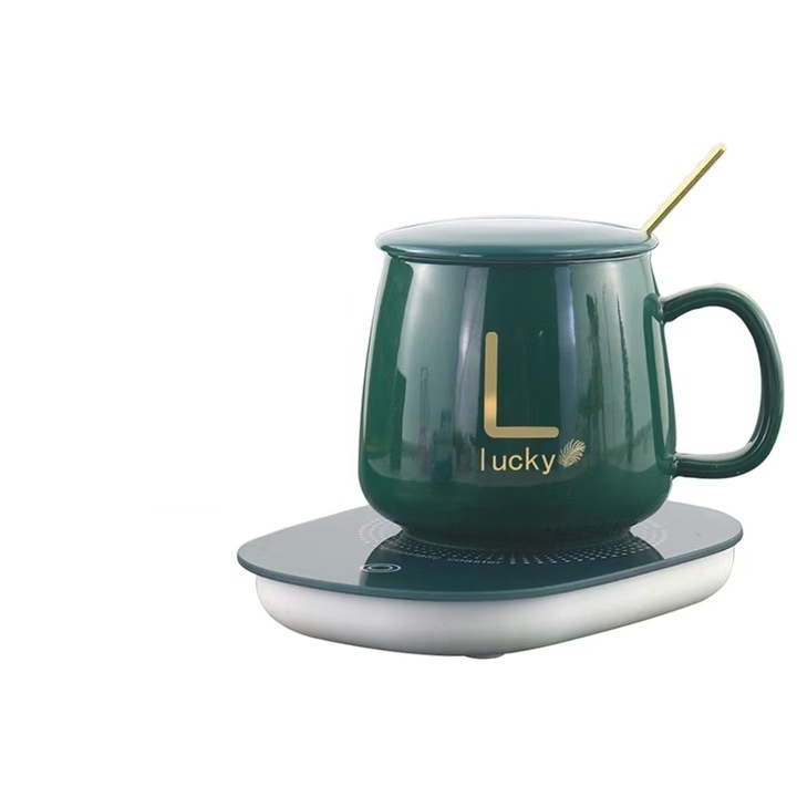 Комплект чаша с нагревател Digital One SP01019, с капак, лъжичка, за поддържане на топли напитки, зелена