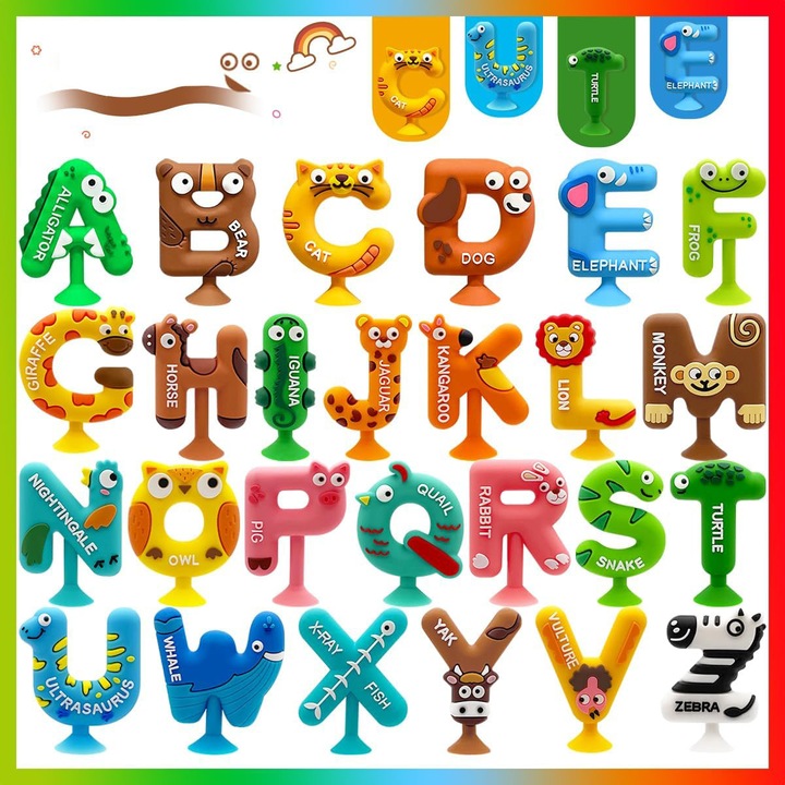 Fürdőjáték szett tapadókorongokkal, 26 állatos betűvel, Montessori játékok, 3-12 éves gyermekeknek, többszínű