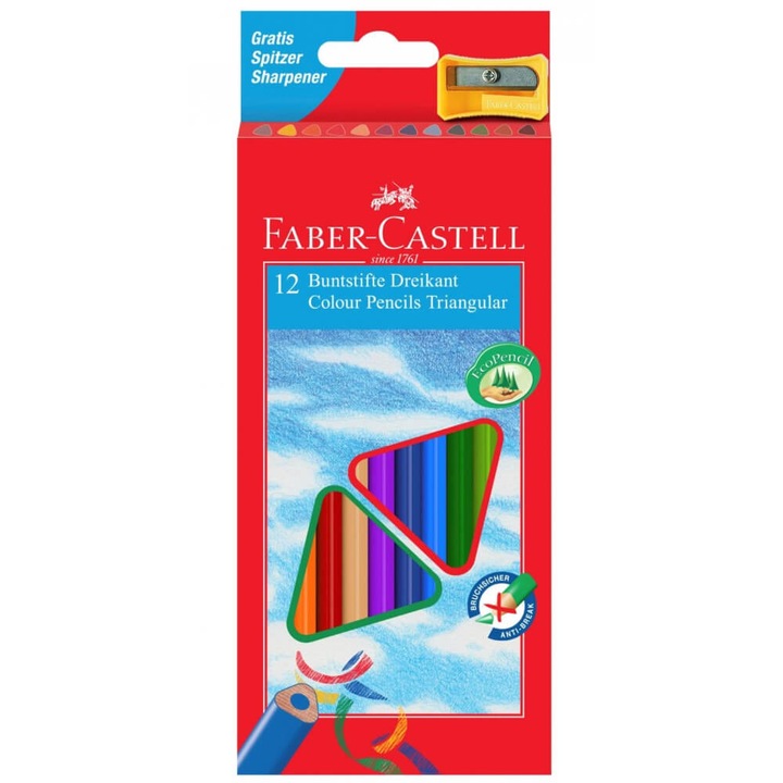 Faber-Castell ökoszínezett ceruzák, 12 db / készlet, háromszög alakú, élezőt tartalmaz
