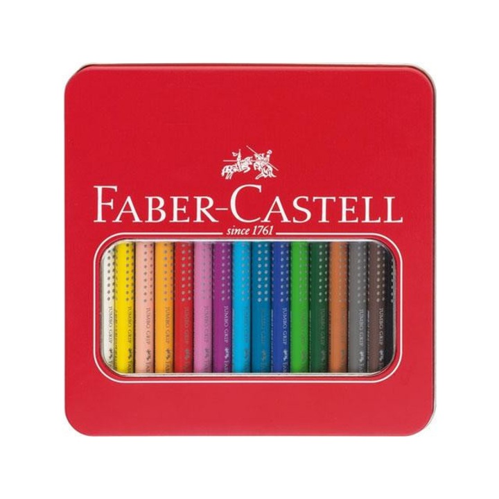 Színes ceruza FABER-CASTELL Jumbo Grip háromszögletű fém dobozban 16 darabos