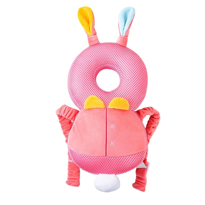 Възглавница за защита на главата на бебето, опора за гърба, OPTIM SOLUTION, регулируема облегалка за глава със заек, намалява удара, мек материал, еластични презрамки, осигурява опора, безопасност и комфорт, 33 x 6 x 19 cm, 180 g, XTO, розово/жълто