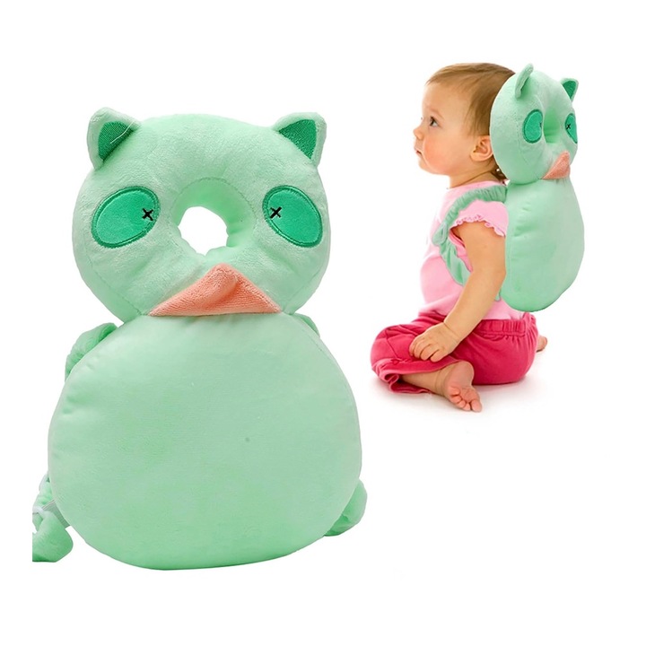 Възглавница за защита на главата на бебето, опора за гърба, Optim Solution, регулируема облегалка за глава тип миеща мечка, намалява удара, мек материал, еластични презрамки, осигурява опора, безопасност и комфорт, 33 x 6 x 19 cm, 180 g, XTO, тюркоаз