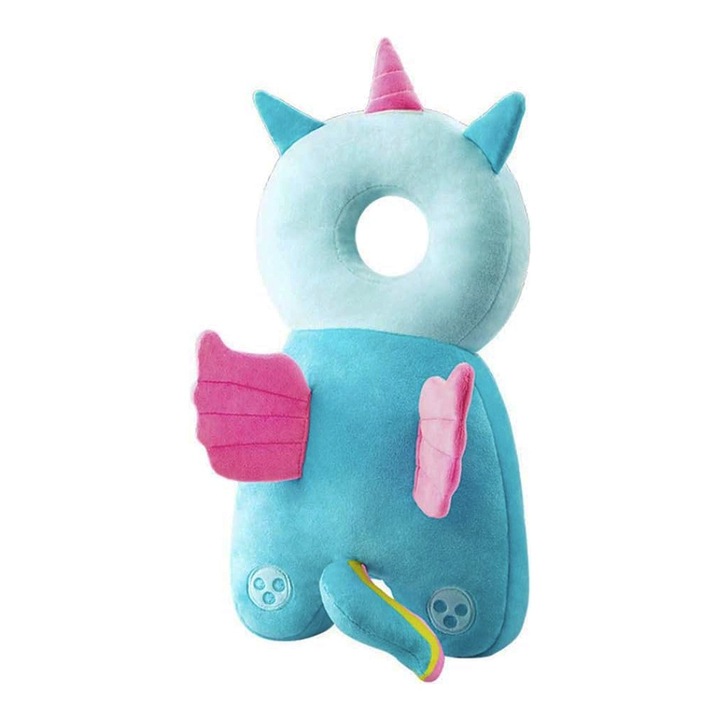 Възглавница за защита на главата на бебето, опора за гърба, OPTIM SOLUTION, регулируема облегалка за глава с еднорог, намалява удара, мек материал, еластични презрамки, осигурява опора, безопасност и комфорт, 33 x 6 x 19 cm, 180 g, XTO, синьо/розово