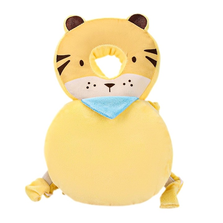 Възглавница за защита на главата на бебето, опора за гърба, Optim Solution, регулируема облегалка за глава Tiger, намалява удара, мек материал, еластични презрамки, осигурява опора, безопасност и комфорт, 33 x 6 x 19 cm, 180 g, XTO, жълт