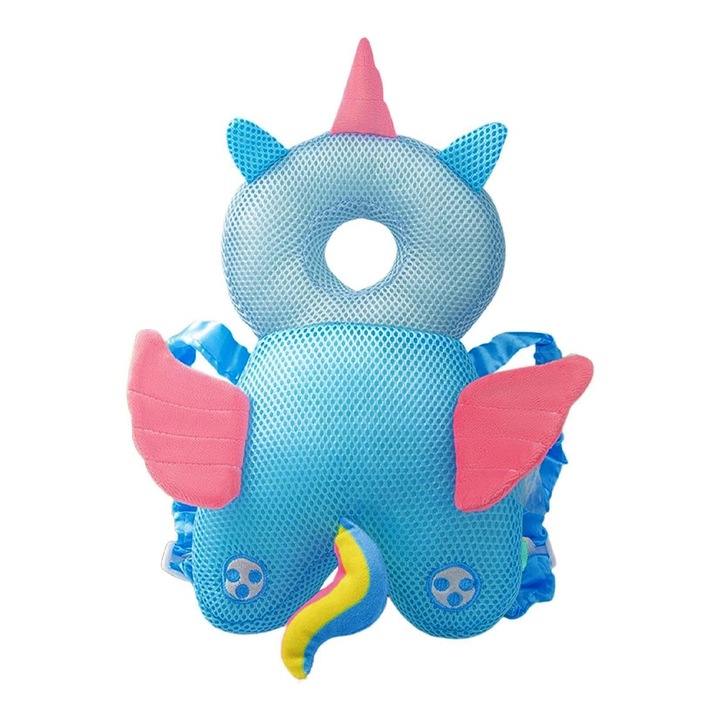 Възглавница за защита на главата на бебето, опора за гърба, Optim Solution, регулируема облегалка за глава с еднорог, намалява удара, мек материал, еластични презрамки, осигурява опора, безопасност и комфорт, 33 x 6 x 19 cm, 180 g, XTO, синьо/розово