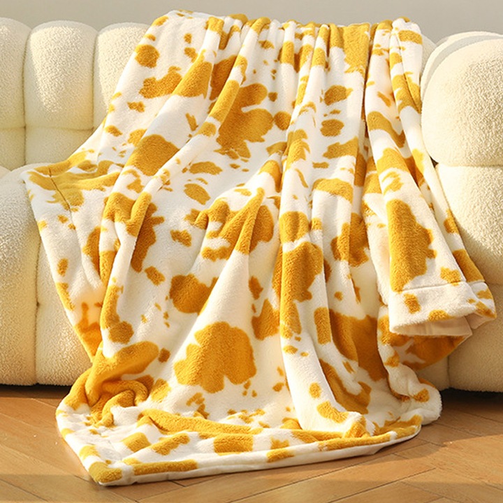 Меко поларено одеяло с щампа на крава, Enforose, 130x160см, жълто, розово, каки
