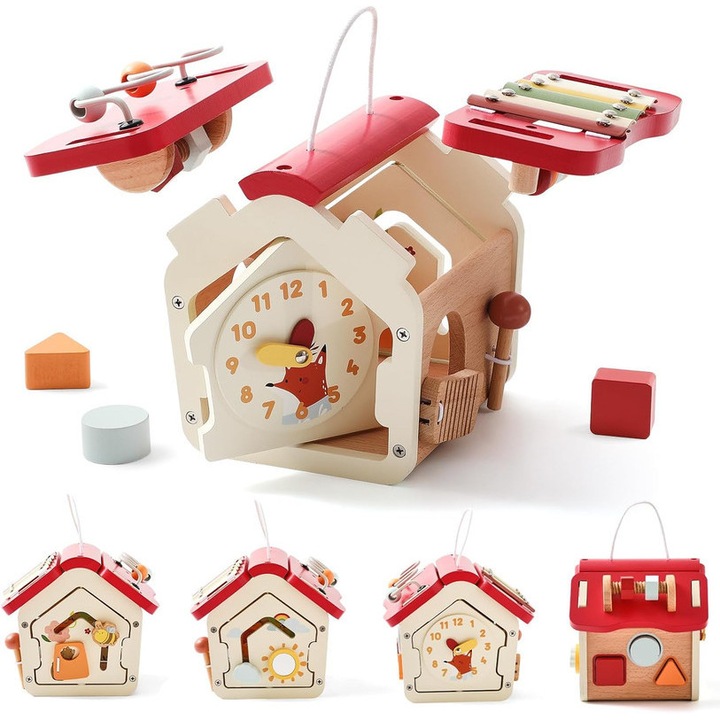 Cub de activitate din lemn Umetoop, jucarie educativa, sortator de forme, 2-3 ani, multicolor