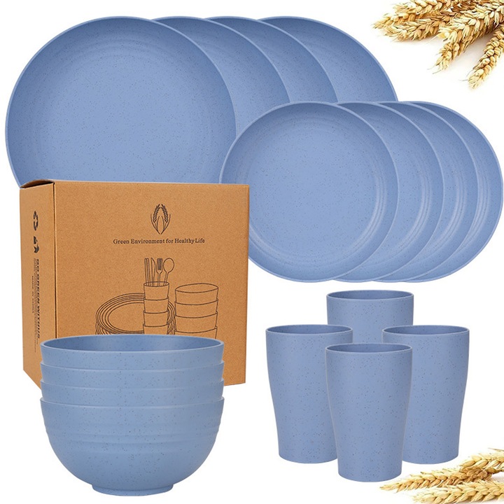 Set de vesela din paie de grau, set de vase de 16 piese pentru 4 persoane, albastru, Enforose