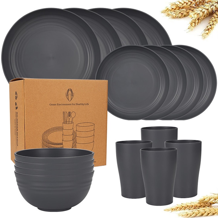 Set de vesela din paie de grau, set de vase de 16 piese pentru 4 persoane, gri, Enforose
