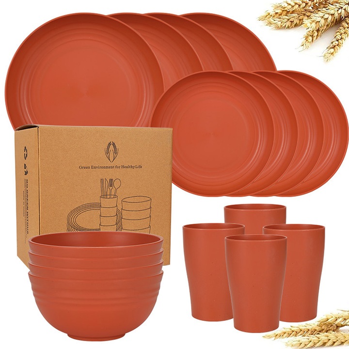 Set de vesela din paie de grau, set de 16 piese pentru 4 persoane, Enforose