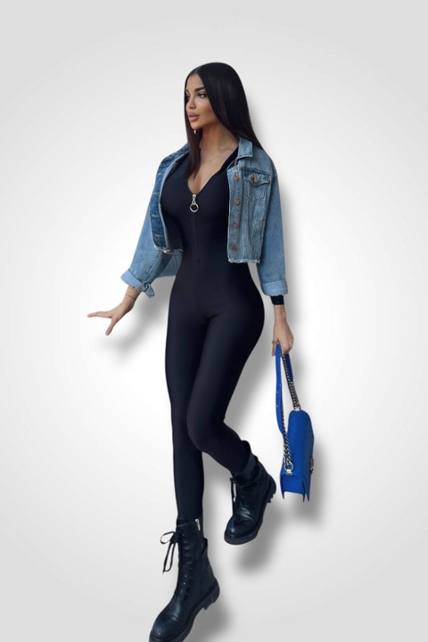Salopeta Zip, de dama. cu aspect lucios, cu fermoar in fata, din lycra, maneca lunga, Negru