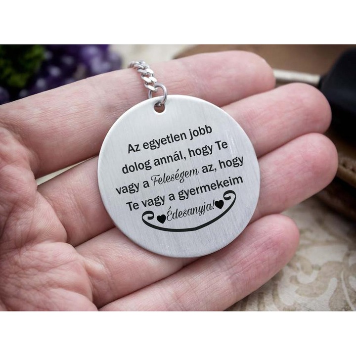 Breloc cu pandantiv din otel "Tu esti sotia si mama mea"