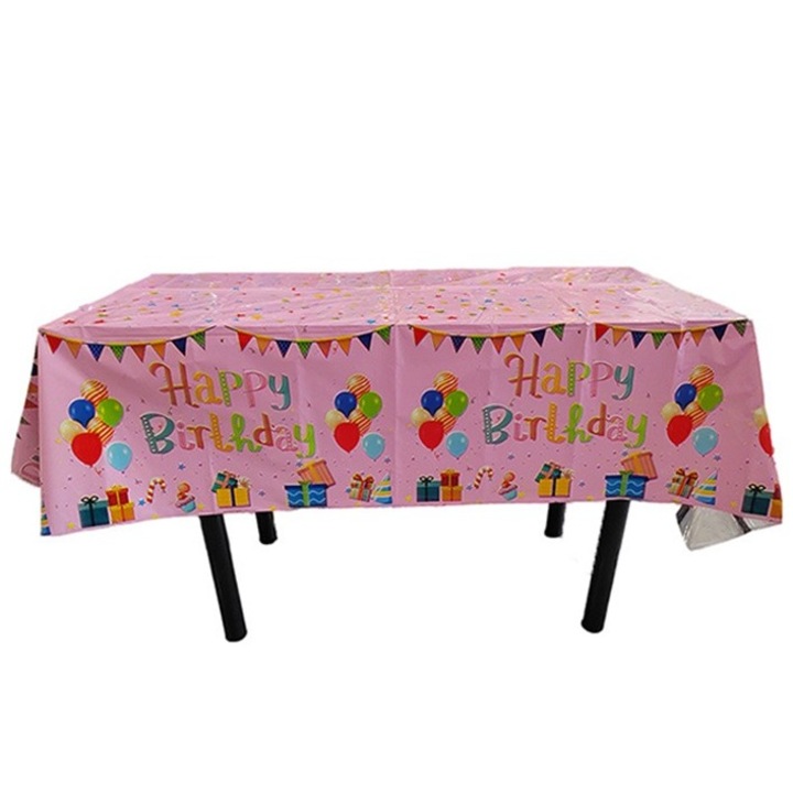 Fata de Masa, Flippy, din Folie, Imprimeu Happy Birthday cu Baloane, 137 x 274 cm, Roz