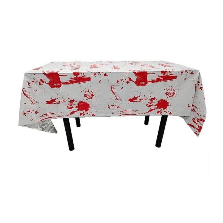 Fata de Masa, Flippy, din Folie, Imprimeu Halloween - Help Me, 137 x 274 cm, Alb/Rosu