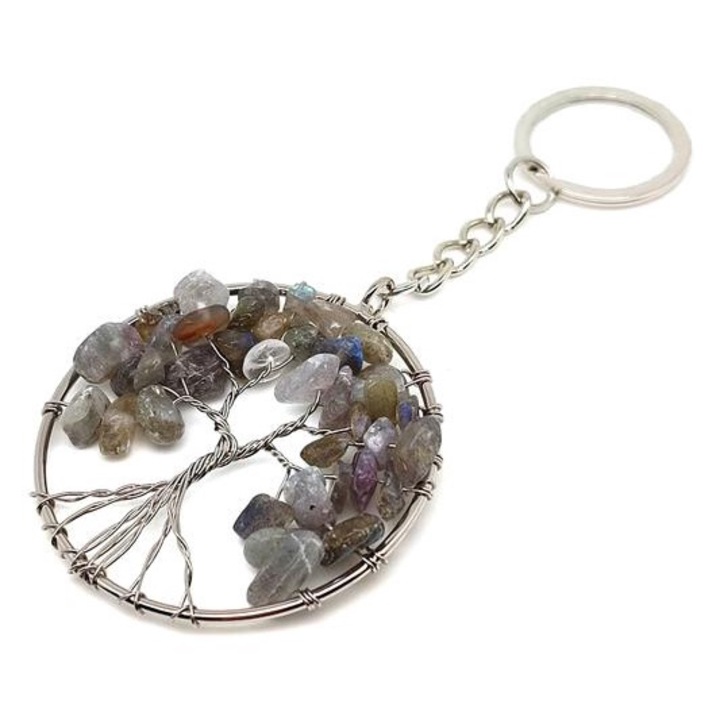 Ключодържател от лабрадорит от тел Дървото на живота 5 см