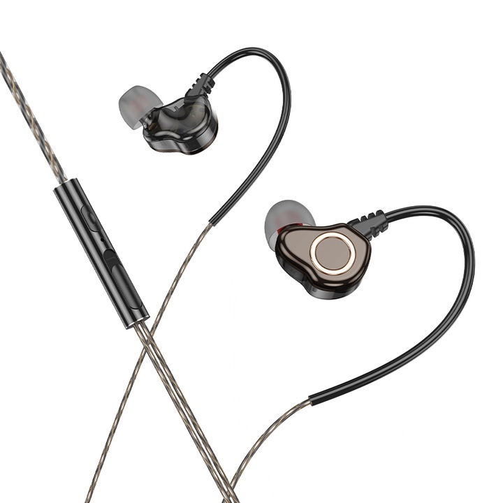 Casti cu Fir Sport IEM, Borofone BM88 Sea, Difuzor Dublu Per Casca, Bass Boosted, Sunet HiFi, Cu Microfon, Control Redare, Mufa 3.5 mm, Negru