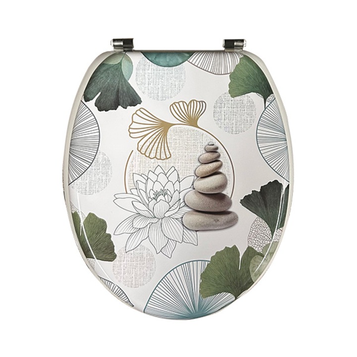 Capac wc, Frandis, cu balamale inox, inchidere standard, MDF, 37.5x45.3 cm, alb/verde/bej, model Lotus 191624