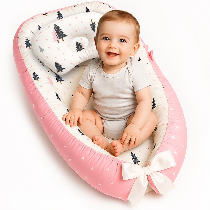 Cosulet Bebelusi pentru Dormit tip Baby Nest, Linomag®, cu Doua Fete, 0-24 Luni, 90x55cm, Husa Bumbac, Confort & Siguranta, Alb/Roz