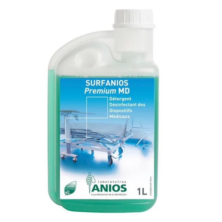 Dezinfectant detergent SURFANIOS PREMIUM 1L, ANIOS, lichid albastru-verde, utilizare medicală, împotriva virusurilor, bacteriilor și fungilor