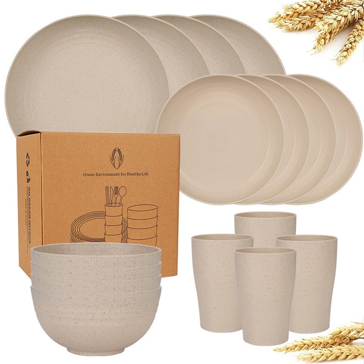 Set de vesela din paie de grau, set de vase de 16 piese pentru 4 persoane, bej, Enforose