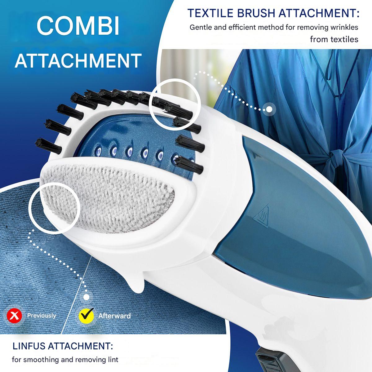 Aparat de calcat vertical cu aburi 2in1 Clatronic, talpa ceramica Superglide, debit abur 20 g/min, capacitate rezervor 200 ml, ideal pentru toate tipurile de material, poate fi folosit si orizontal, sistem anti-picurare, portabil, albastru