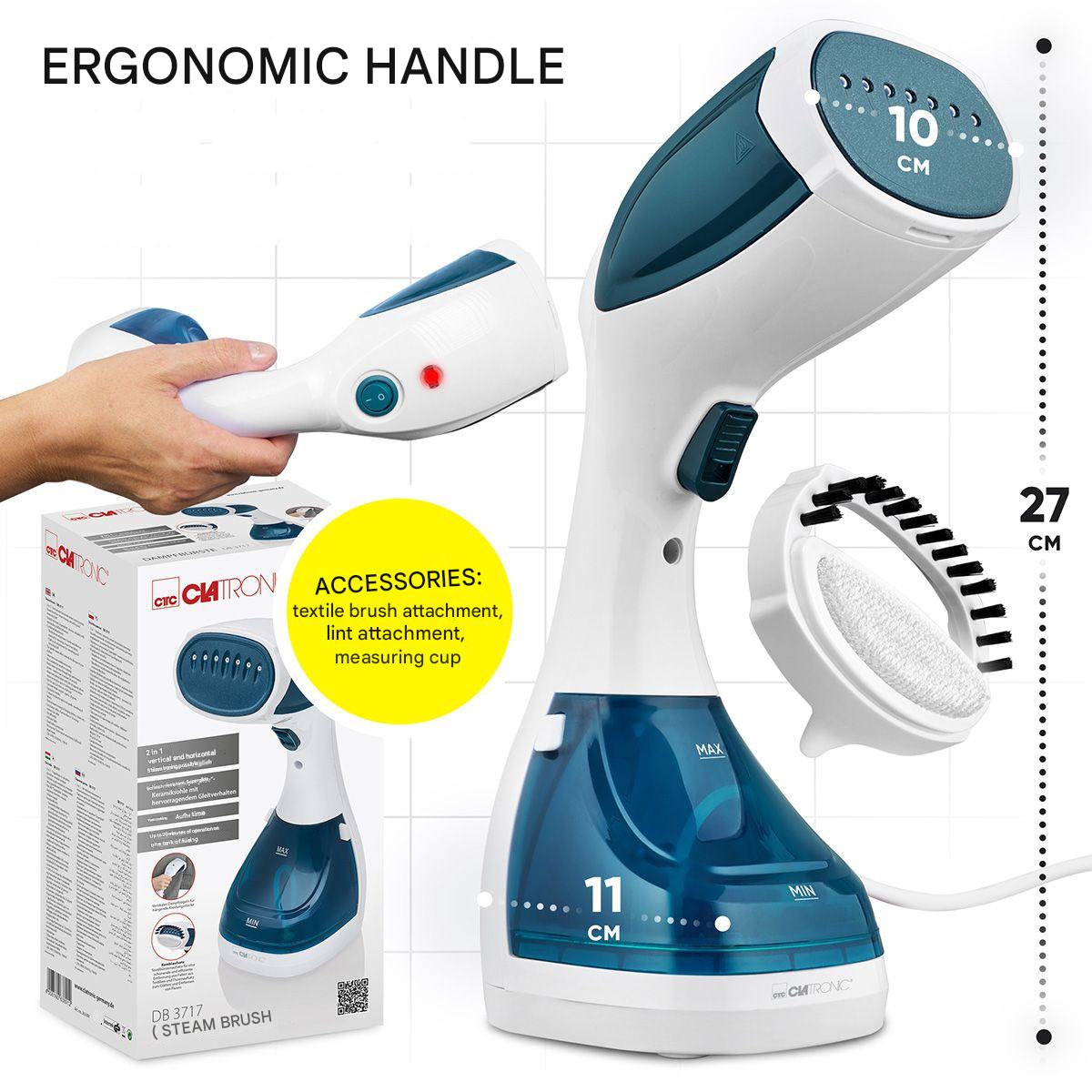Aparat de calcat vertical cu aburi 2in1 Clatronic, talpa ceramica Superglide, debit abur 20 g/min, capacitate rezervor 200 ml, ideal pentru toate tipurile de material, poate fi folosit si orizontal, sistem anti-picurare, portabil, albastru