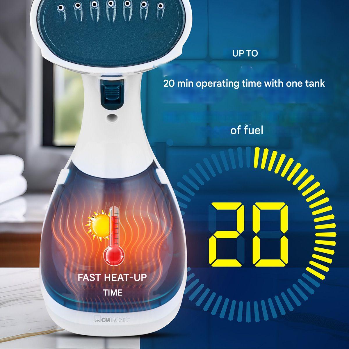Aparat de calcat vertical cu aburi 2in1 Clatronic, talpa ceramica Superglide, debit abur 20 g/min, capacitate rezervor 200 ml, ideal pentru toate tipurile de material, poate fi folosit si orizontal, sistem anti-picurare, portabil, albastru