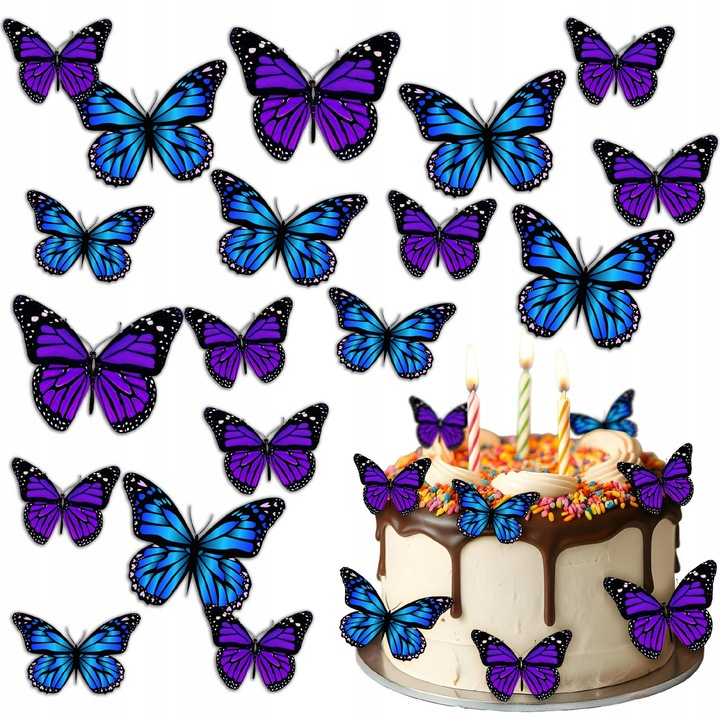 Ostya lila és kék pillangók tortához Ehető dekoráció 23 db
