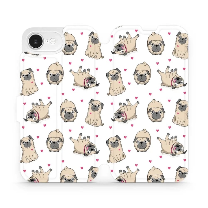 Husa flip Mobiwear pentru Apple iPhone 16e, design cu caini, rezistenta la socuri si zgarieturi, alb