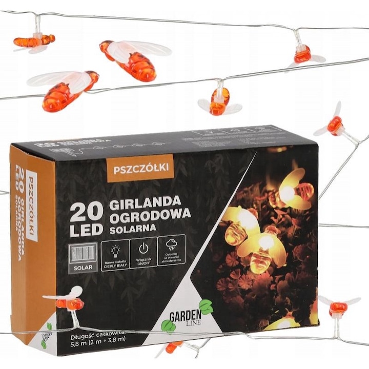 Ghirlanda solara de gradina cu LED-uri in forma de albine - 5,8 m - cald alb