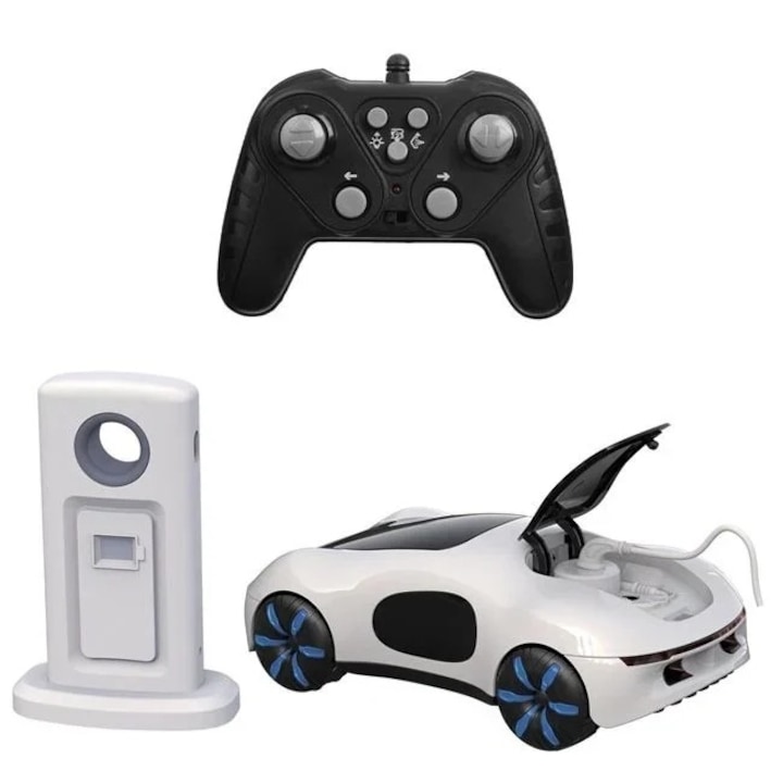 Електрическа кола с дистанционно, Welora, със станция за зареждане, светлини и дим, 40x17x18cm, бяла