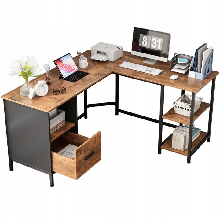 BADU Birou de colt in forma de L, cadru din otel, 150x137x75cm, industrial, maro rustic si negru