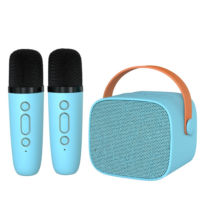 Boxa karaoke pentru copii si adulti cu difuzor portabil, Wireless, 4 efecte voce, 2 microfoane incluse, Player MP3, MicroSD card, Bluetooth 5.0, albastru