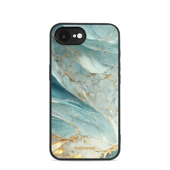 Husa telefon Mobiwear Glossy, Apple iPhone 16e, mramor verde si auriu, rezistenta la socuri si zgarieturi