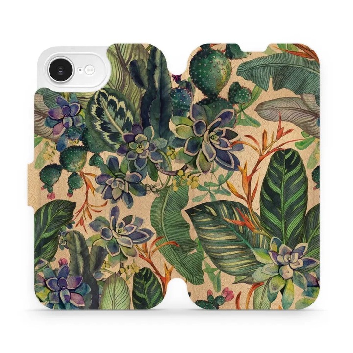 Husa flip Mobiwear pentru Apple iPhone 16e, design floral, rezistent la socuri si zgarieturi, verde