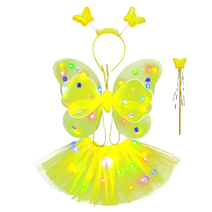 Costum Fluture cu Aripi Modelabile Lumini LED pentru Copii, OPTIM SOLUTION, Fusta din Tulle Luminoasa, Bagheta, Bentita, Fluturas, 4 Piese, pentru Halloween, Roleplay, Craciun, Petrecere, Paste, Serbare, Bumbac/Poliester, Marime Universala, XTO, Galben