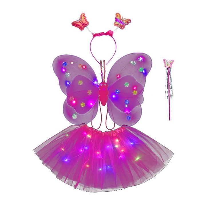 Costum Fluture cu Aripi Modelabile Lumini LED pentru Copii, OPTIM SOLUTION, Fusta din Tulle Luminoasa, Bagheta, Bentita, Fluturas, 4 Piese, pentru Halloween, Roleplay, Craciun, Petrecere, Paste, Serbare, Bumbac/Poliester, Marime Universala, XTO, Roz