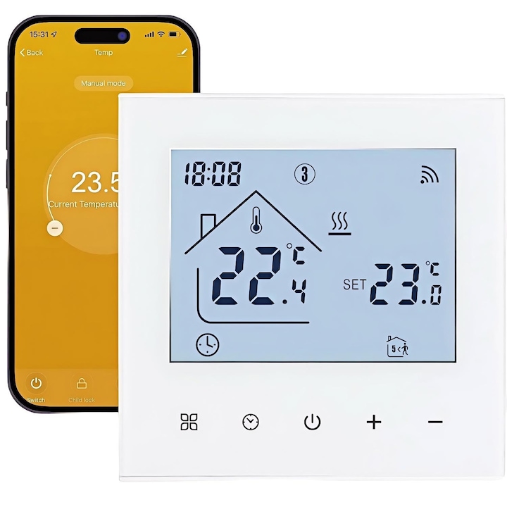 Termostat inteligent de incalzire centrala, Potrivit pentru incalzire electronica in pardoseala, Control aplicatie, Programabil, Control vocal, Usor de instalat, Orber, PC, Alb