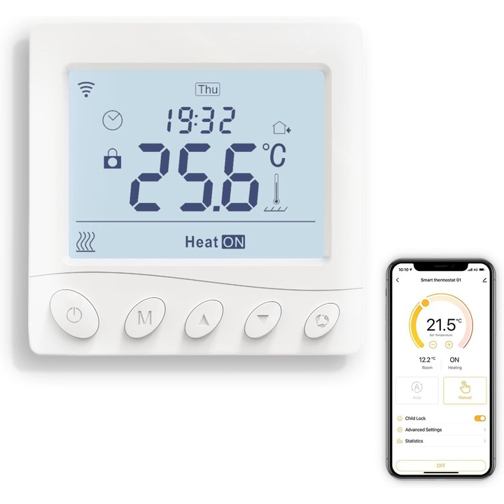 Termostat Smart WiFI, Moes, pentru Incalzire, Programare si Control de la Distanta, Compatibil cu Amazon Alexa si Google Assistant, Alb