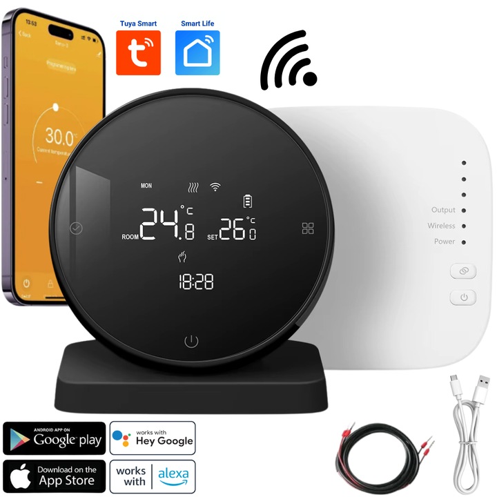 BIRAI® Smart Room Termosztát Interneten/okostelefonon keresztül vezérelhető Programozható WiFi Tuya vagy Smart Life App, Alexa és Google Home szolgáltatásból, Bármilyen központi fűtési rendszerrel kompatibilis, Vevővel Smart Voice Control funkciók, Fekete