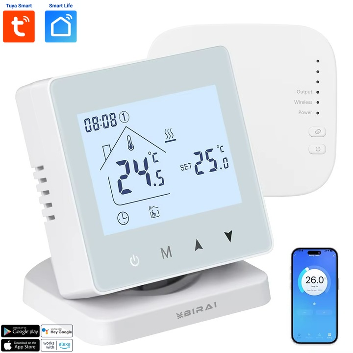 BIRAI® Smart Room Termosztát Interneten/okostelefonon keresztül vezérelhető Programozható WiFi Tuya vagy Smart Life App alkalmazásból, Alexa és Google Home, kompatibilis bármely központi fűtési rendszerrel, vevővel, intelligens funkciók, gyerekzár, fehér