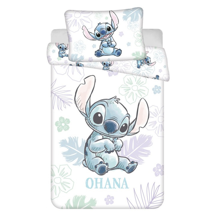 Set lenjerie de pat pentru copii Disney Lilo and Stitch, Ohana White 100×135 cm, 40×60 cm