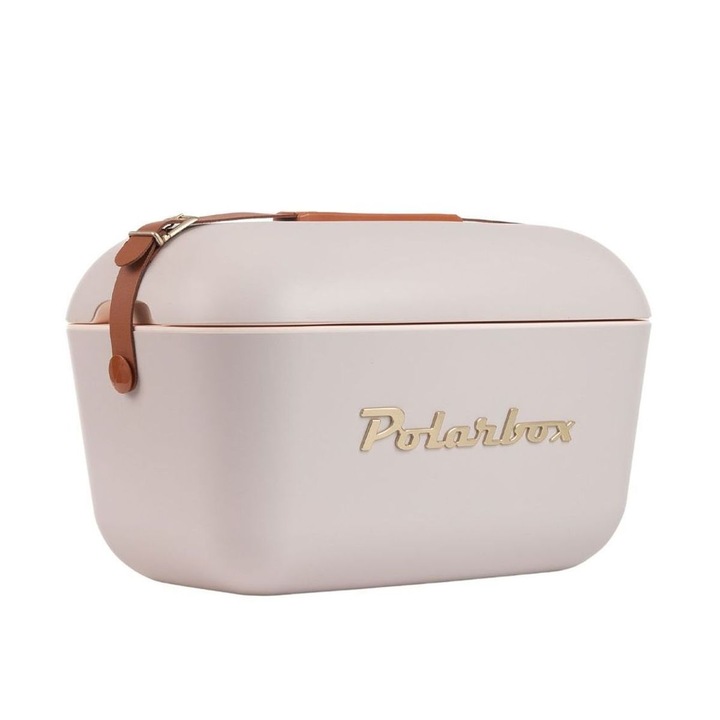 Хладилна кутия Polarbox, злато, капацитет 20 литра, ретро дизайн, запазва напитките и храната студени, идеална за пикник/плаж/туризъм, херметично затваряне, кожена каишка, бежов